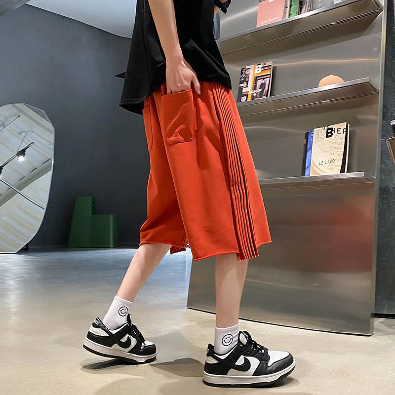 Solid Loose Shorts Thin Summer Sports Thousand Pleated Straight Wide-leg Casual Pants Oversized 5-point Pants Men's White Orange