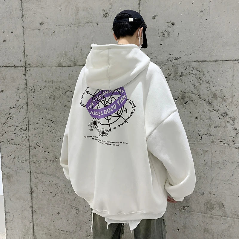 Men's Loose Back Oversized Printed Pattern Hooded Sweatshirt Fall Couple Model Unisex Classic Kangaroo Pocket Male Sweatshirt