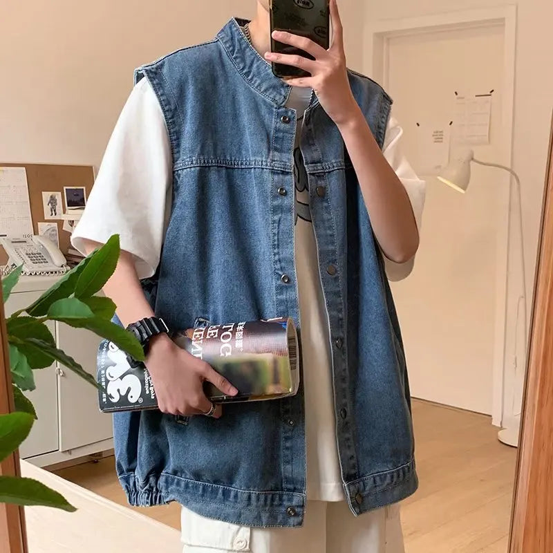 Denim Sleeveless Jacket Men Fashion Oversized Harajuku Denim Jeans Casual Jeans Waistcoat Cowboy Hip Hop Streetwear Clothing