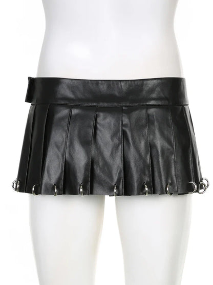 xsrrr Gothic Solid Pu Leather A-Line Skirt Dark Casual Low-Waisted Super Mini Skirts Women Autumn Winter Streetwear Lady