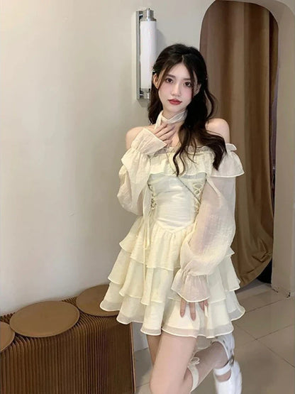 xsrrr Summer Elegant Ruffles Fairy Dress Women Casual Sweet Lolita Party Dress Long Sleeve One Piece Dress Korean Female Fashion