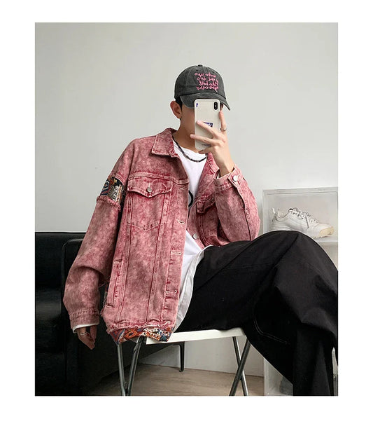 Vintage Washed Worn Pink Jean Jacket for Mens Oversized Embroidery Jacquard Patchwork Denim Jacket Distressed Unisex Outerwear