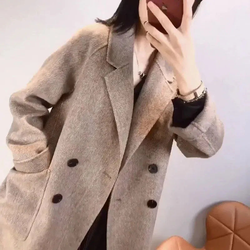 xsrrr Women's Herringbone Pattern Woolen Jacket, Imitation Cashmere Blazer, Korean Loose Thick Coat