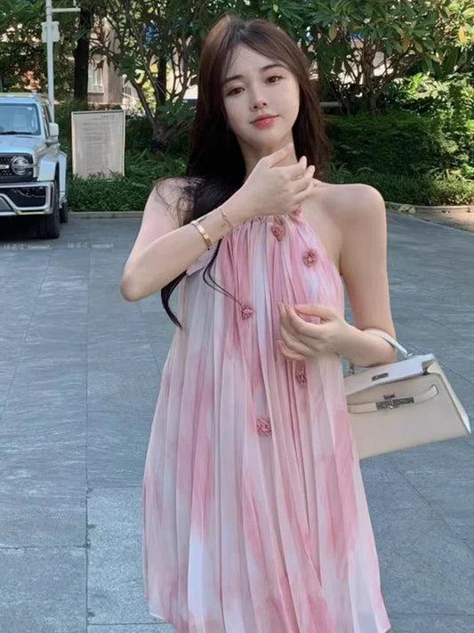 xsrrr Pink Chiffon Sexy Strap Dress Women Korean Sleeveless Sweet Fairy Dress Women 2024 Summer Beach Casual Beach Evening Party Dress