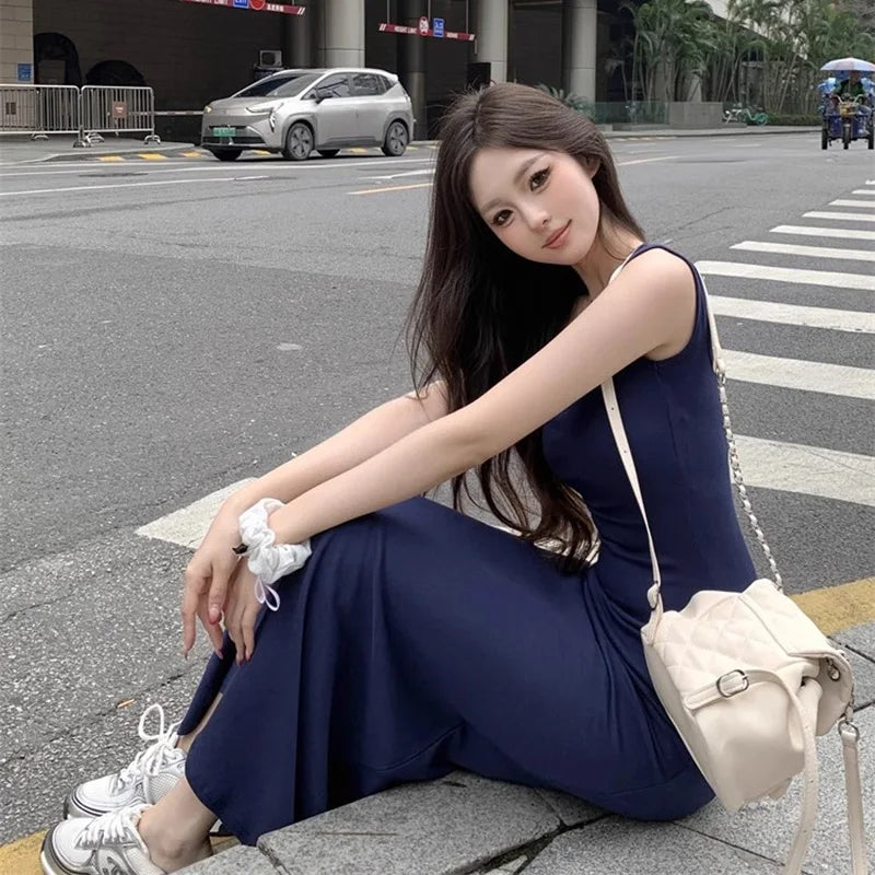 xsrrr Summer Women Versatile Streetwear Dress Lady Fashion Navy Blue Suspender Dress Female Daily Off Shoulder Slim Fit Long Dress