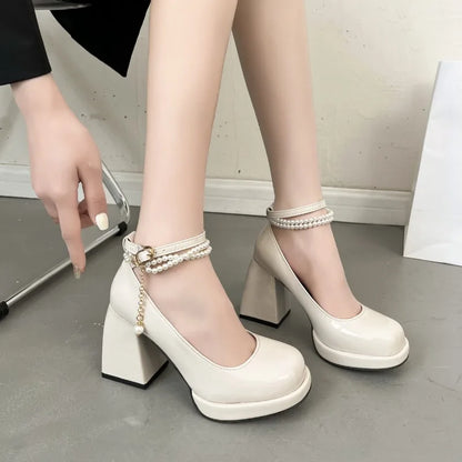 xsrrr Comfort Shoes for Women 2024 Summer Female Sandal Buckle Strap Clear Heels All-Match Girls Pearl Block New High Fashion Retro Lo