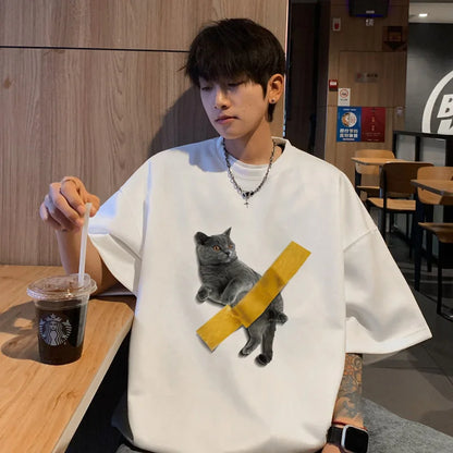 Summer Cartoon Cat Print T-shirt Men Fashion Retro Suede Tshirts Streetwear Hip Hop Loose Round Neck Oversized T Shirt Mens Tops