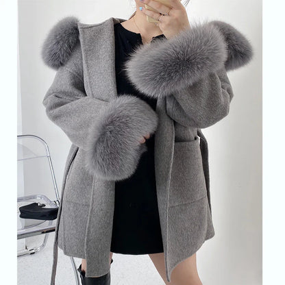 xsrrr New woolen Coat Oversize Ladies Outerwear Winter Women Natural Fox Fur Collar Cuffs Jacket Hood Cashmere Wool