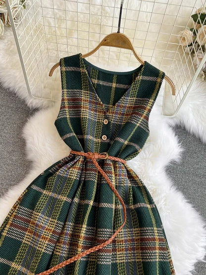 xsrrr Autumn Winter Plaid Woolen Dress Women Vintage V Neck Sleeveless Long Dress With Belt Streetwear Sundress