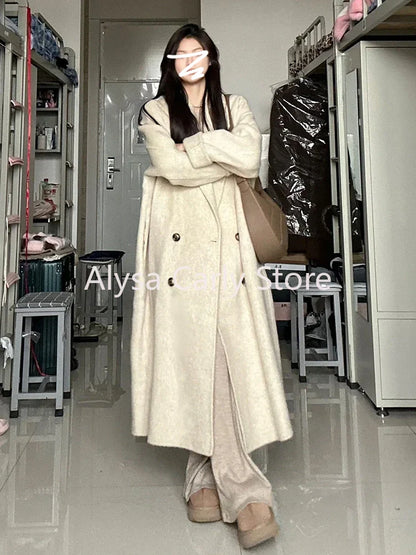 xsrrr Winter Korean Long Woollen Coat Women Double Breasted Chic Warm Loose Casual Coat Female Fashion Office Lady Trench Jackets