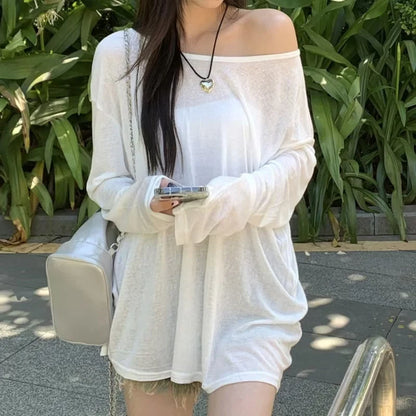 xsrrr Sexy Sheer Baggy T-shirt for Women 2024 Summer Casual Fashion Loose Pullovers Chic Lazy Solid Color Off Shoulder Top Streetwear