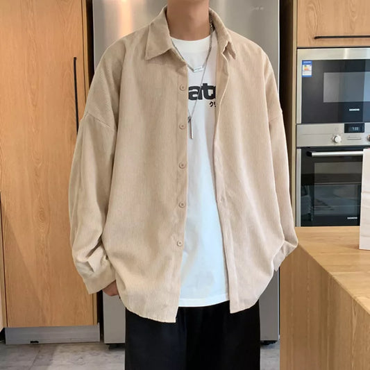 Khaki Corduroy Men Shirts Fashion Korean Oversized Baggy Tops Spring Autumn Cardigan Long Sleeve Blouse Vintage Male Y2K Clothes