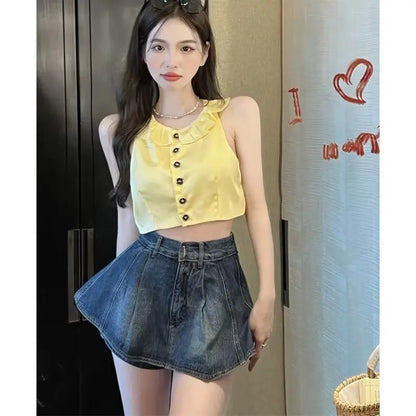 xsrrr Fake Two Pieces High Waisted Denim Shorts Skirt Women's Summer Korean Slimming Pleated Short Dresses Spicy Girl A-line Hot Pants