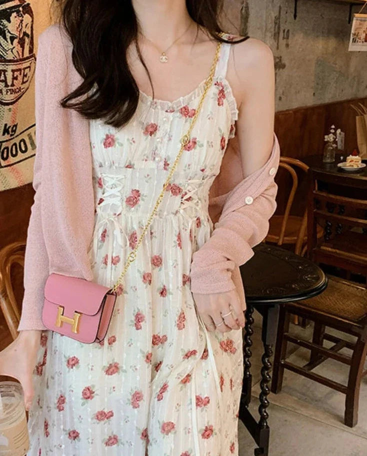 xsrrr Floral Elegant Slip Dress Women Belt Designer Korean Fashion Party Dress Female Casual Vintage Chic Summer One-piece Dress