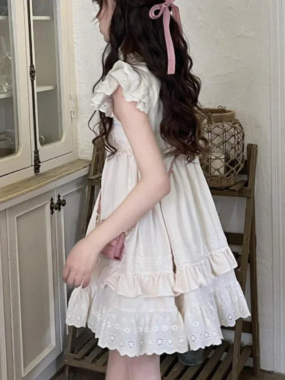 xsrrr Summer Lolita Kawaii Mini Dress Women Flying Sleeve Japanese Sweet Cute Dress Female Korean Style Ruched Fairy Dress