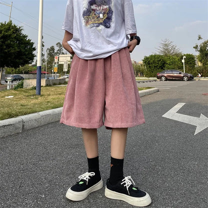 Brown Corduroy Shorts Oversized Baggy Five Point Trousers Summer Korean Fashion Wide Leg  Ins Hip Hop Bottoms Men