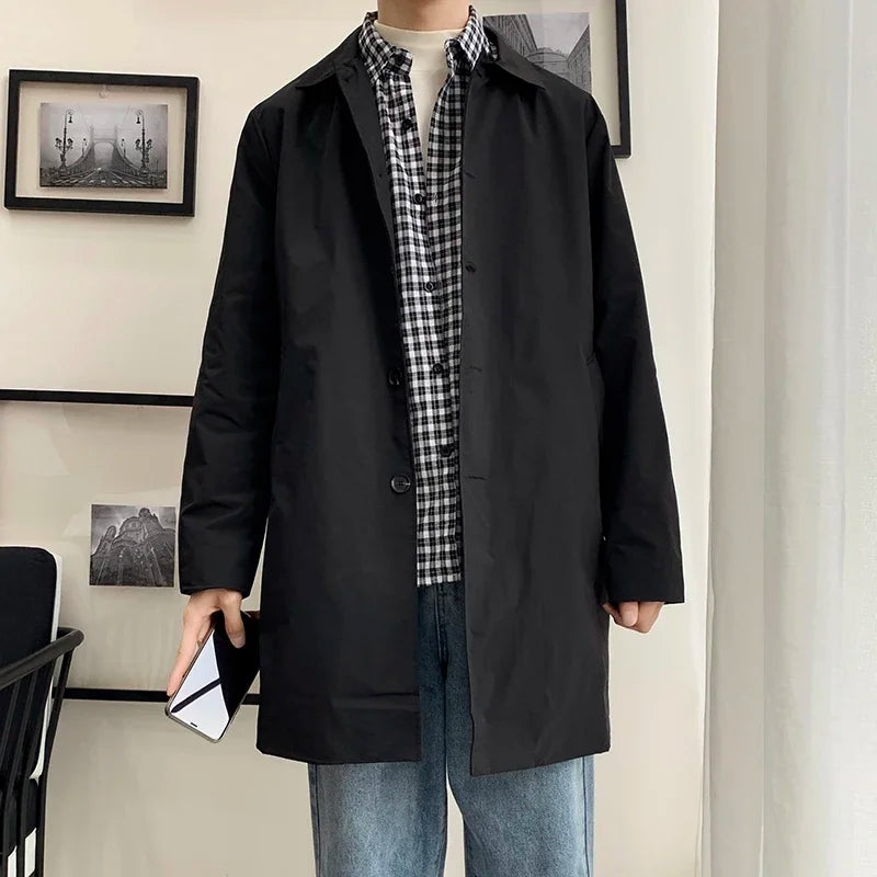 Men Trench Coat Loose Fit Long Lapel Single Breasted Windbreaker Fashion Jacket Office Button Overcoat Oversized Men Clothing