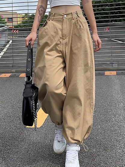 xsrrr Y2K Fashion Khaki Oversized Cargo Pants Hip Hop Style Loosed Adjustable Waist Drawstring Long Pant Streetwear 90s Autumn