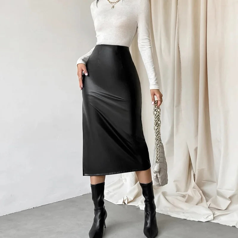 xsrrr Black Leather Skirts Women Fashion High Waist PU Long Skirt Splits Streetwear Autumn Female Elegant Solid Office Casual