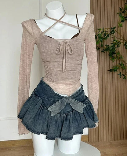 xsrrr A-line Women Denim Blue Jean Skirts Shorts Summer Bow Hot Girls Mini Skirt Streetwear Sexy Y2k Irregular Kawaii Coquette