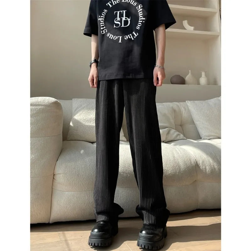 Summer Pleated Pants Men Fashion Oversized Ice Silk Pants Men Japanese Streetwear Loose Straight Pants Mens Casual Trousers