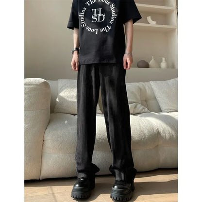 Summer Pleated Pants Men Fashion Oversized Ice Silk Pants Men Japanese Streetwear Loose Straight Pants Mens Casual Trousers