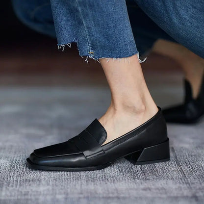 xsrrr Shoes for Woman Low Heel Elegant Women's Summer Footwear Black Loafers Normal Leather Casual Square Toe with Discount Chic