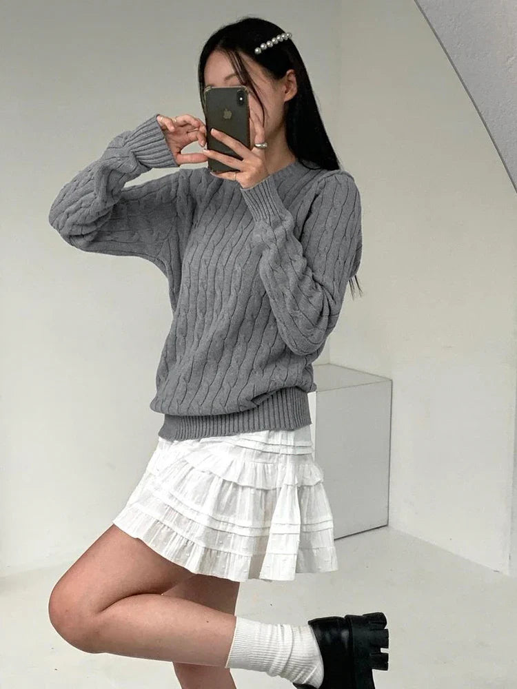 xsrrr BACK TO SCHOOL OUTFIT Harajuku Gray Casual Sweater Y2K Knitted Long Sleeve Autumn Sweaters for Women Vintage Crew Neck Basic Jumper Korean