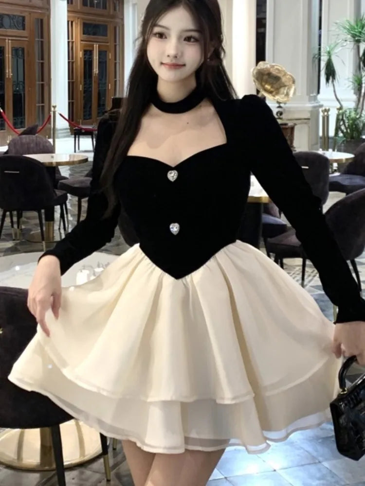 Hnewly DRESS TO IMPRESS Y2K Mini Princess Dress Women Velvet Patchwork Layered Ruffles A-Line Autumn Spring Elegant Vintage Evening Party Vestidos Mujer