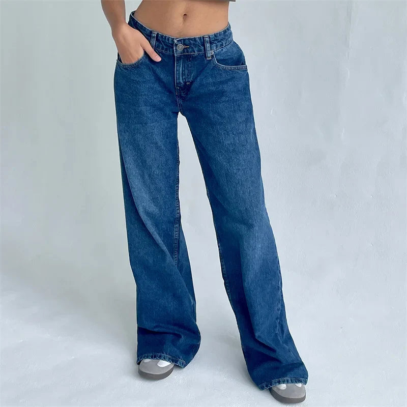 xsrrr y2k Jeans Women Clothes Fashion Solid Color Low Waist Waist Wide Leg Denim Pants Trousers with Pockets 2000s Streetwear