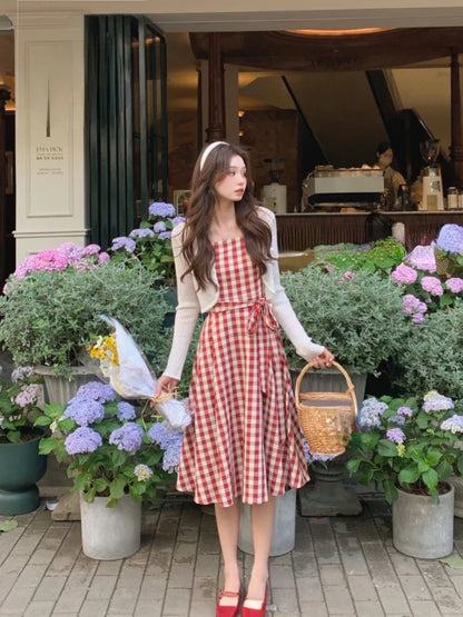 xsrrr DRESS TO IMPRESS Sweet Plaid Dress for Women Summer Fashion Elegant Chic Strap Mini Dress Female Birthday Even Party Korean Style Dress Slim