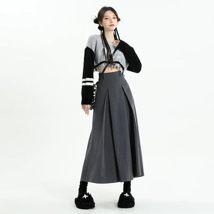 Hnewly Vintage Grey Suit A-line Skirt Women's Spring Autumn College Style High Waist Pleated Mid Length Skirt Femal