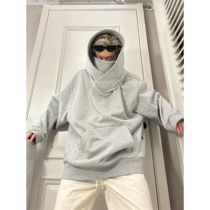 Korean Street Style Solid Color High Collar Oversized Hoodie Men Fashion Loose Casual Hooded Top Harajuku New Sweatshirt Hoodie