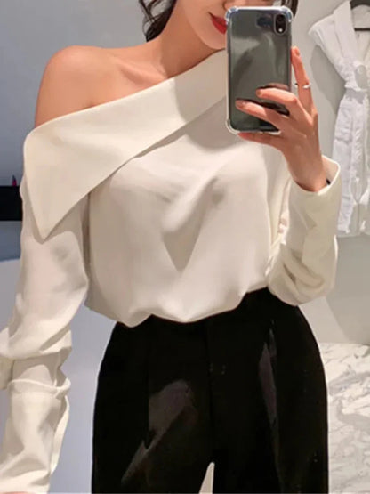 xsrrr FALL OUTFITS Elegant Women Sexy Korean One Black Top Spring Summer Leisure Versatile Women's Off The Shoulder Long Sleeved White Blouses