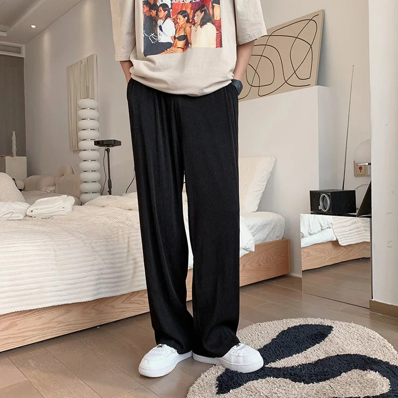 Summer Pleated Pants Men Oversized Gray Black Casual Trousers Men Japanese Streetwear Loose Wide Leg Pants Mens Ice Silk Pants