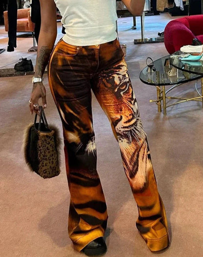 xsrrr Tiger Print Flare Pants Women Y2K Summer Trend Skinny Elastic Wild Casual Streetwear Basic High Waist Trousers