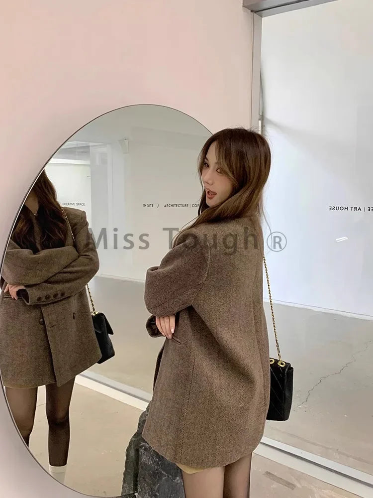 xsrrr Elegant Reversible Cashmere Coat Women's Autumn Winter Short New Loose Jackets Korean Chic Woolen Blazer Clothes Streetwear