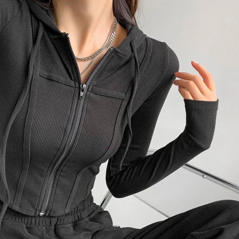 xsrrr Thin Hooded Cardigan Women Korean Vintage Slim Summer Solid Sports Jacket Vertical Pit Stripe Zipper Female Sexy Cropped Tops