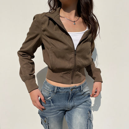 xsrrr Vintage Brown Cropped Jackets Women Harajuku Casual Slim Cargo Zipper Coat Y2K Streetwear Long Sleeve Outerwear Autumn