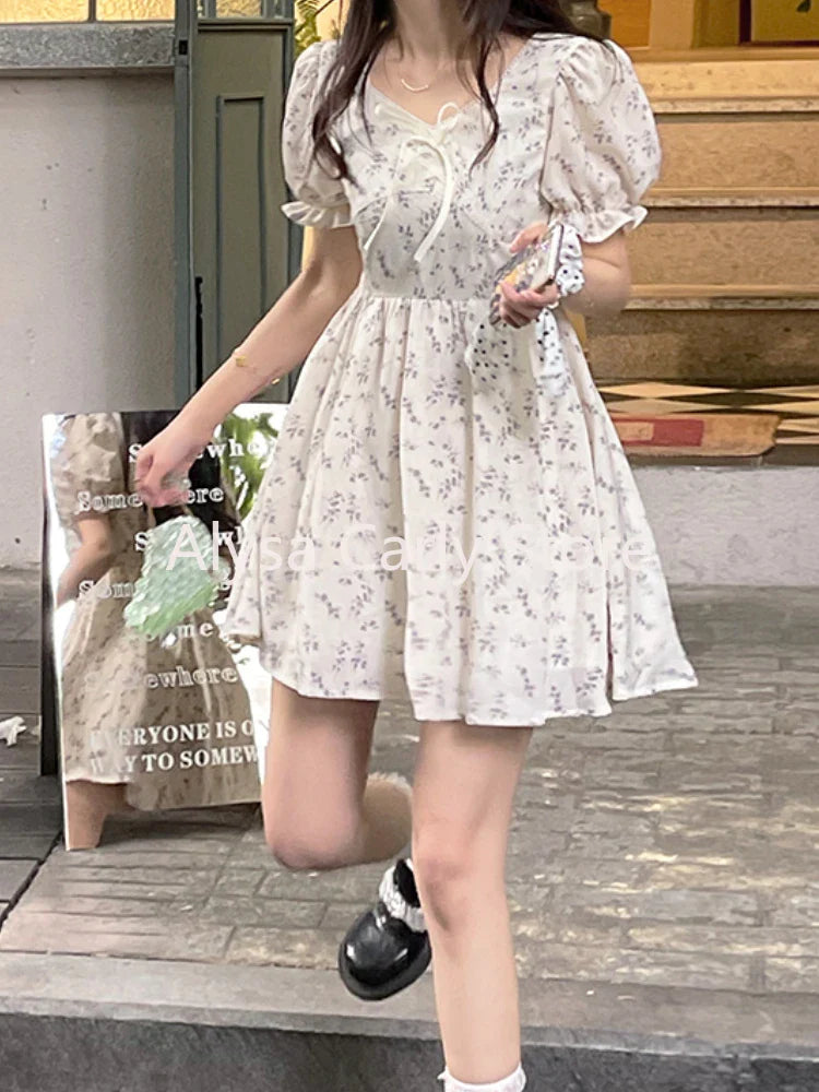 xsrrr Chiffon Sweet Floral Short Dresses Women 2024 Summer Japanese Elegant Party Dress Female Casual Long One-piece Dress Gown Kawaii