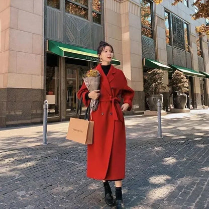 xsrrr New Large Size Hepburn Style Red Woolen Coat for Women Autumn and Winter Fat Mm Loose Long Thick Woolen Coat