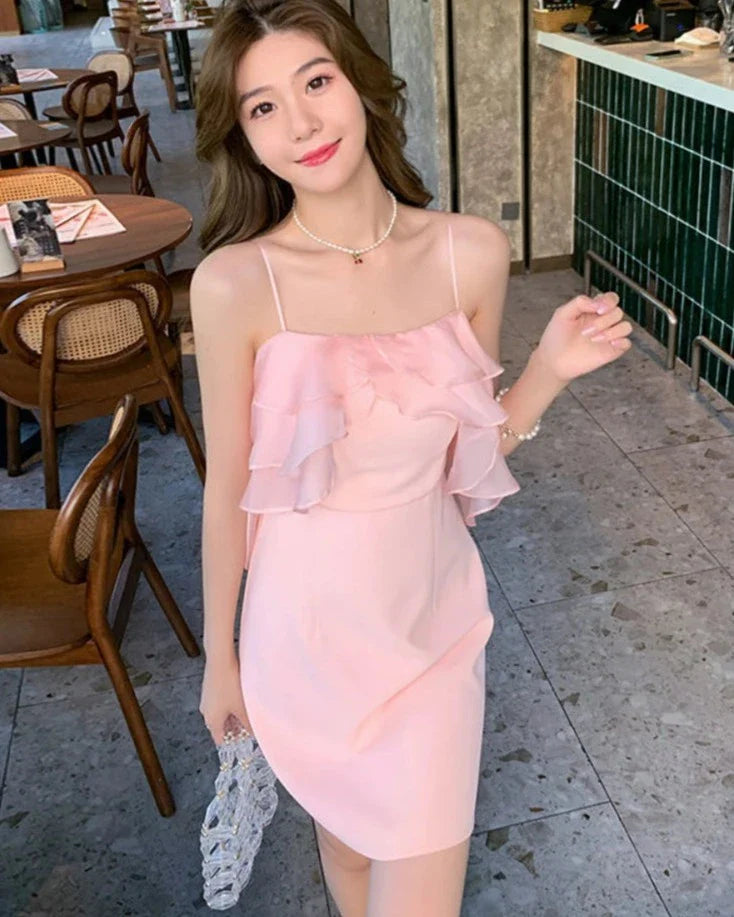 xsrrr DRESS TO IMPRESS Pink Sweet Fairy Dress Women Ruffles Design Sexy Party Mini Dress Female Spring Elegant Princess Casual Korean Strap Dress