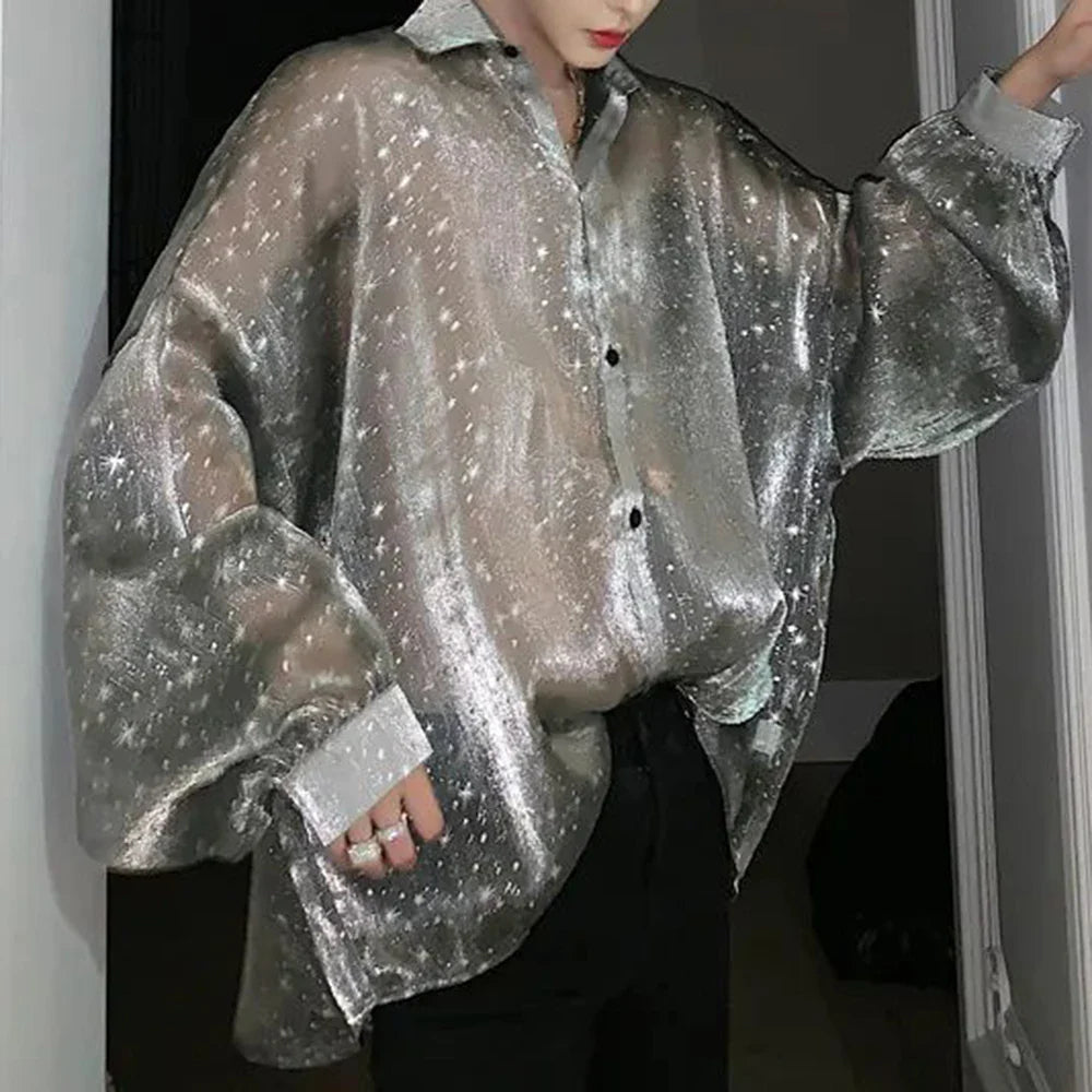 2024 New Starry Sky Mesh Sexy Long-sleeved Shirt Men's Loose Oversize Lapel Shirt Top Sun Protection Shirt See-through Blouse