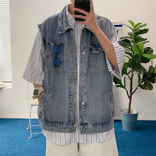 Denim Sleeveless Jacket Men Fashion Oversized Harajuku Denim Jeans Casual Jeans Waistcoat Cowboy Hip Hop Streetwear Clothing