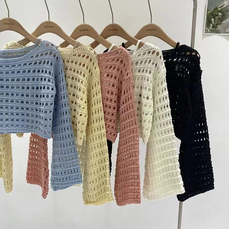 xsrrr Long Sleeve Crochet Knit Top Summer Beach Bikini Cover Up Crop Pullover Wool Knitwear Blouse Women Vacation Boho Outfit