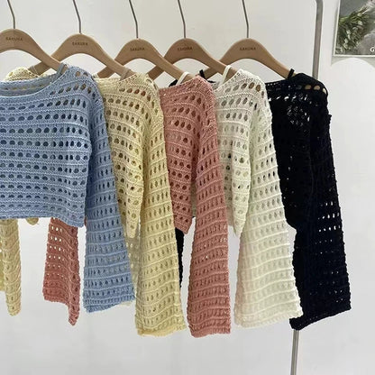 xsrrr Long Sleeve Crochet Knit Top Summer Beach Bikini Cover Up Crop Pullover Wool Knitwear Blouse Women Vacation Boho Outfit