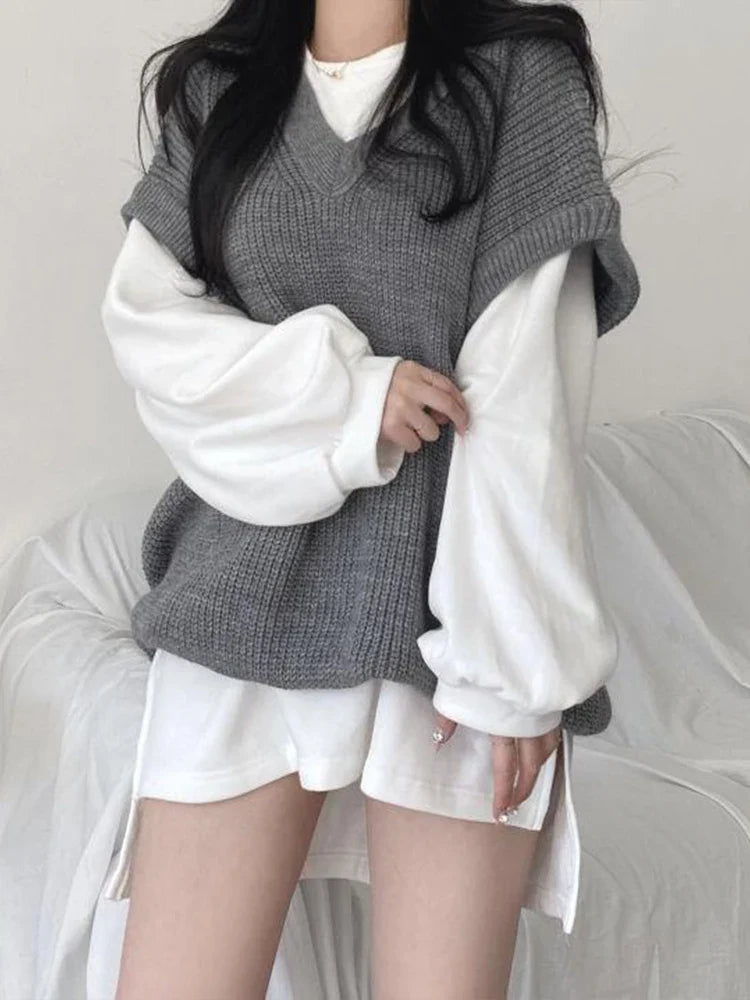 xsrrr Autumn Winter Vest Women Korean Style Knitted Sweaters Female Oversized Preppy Jumper Ladies Casual Loose Long Sleeve Pullovers