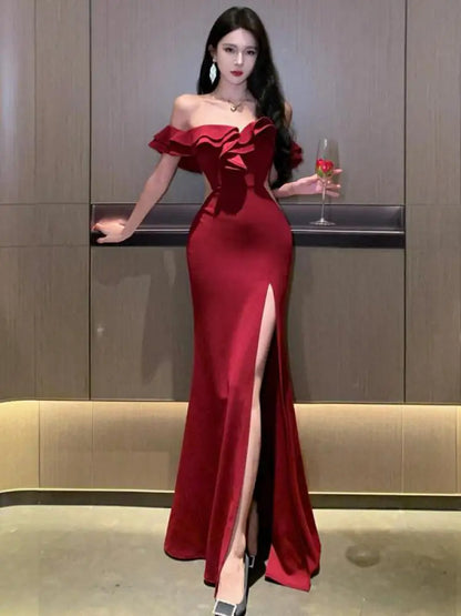 xsrrr DRESS TO IMPRESS Red Sexy Club Backless High Split Ruffles Wrapped Hip Dress Elegant Luxury Off Shoulder Party Evening Dresses Women Summer