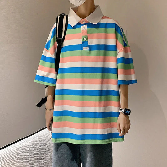 Striped Print POLO Shirts Fashion Summer Men Clothes Thin Classic Lapel Tops Cotton Oversize Loose Short Sleeve T-Shirt S-3XL