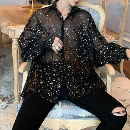 2024 New Starry Sky Mesh Sexy Long-sleeved Shirt Men's Loose Oversize Lapel Shirt Top Sun Protection Shirt See-through Blouse